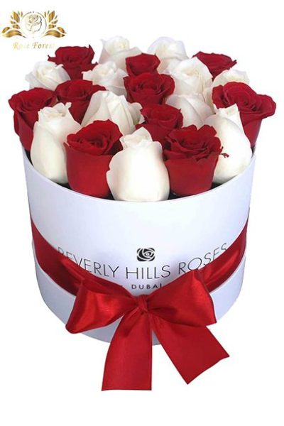 خرید باکس گل رز سفید و قرمز مهربانو